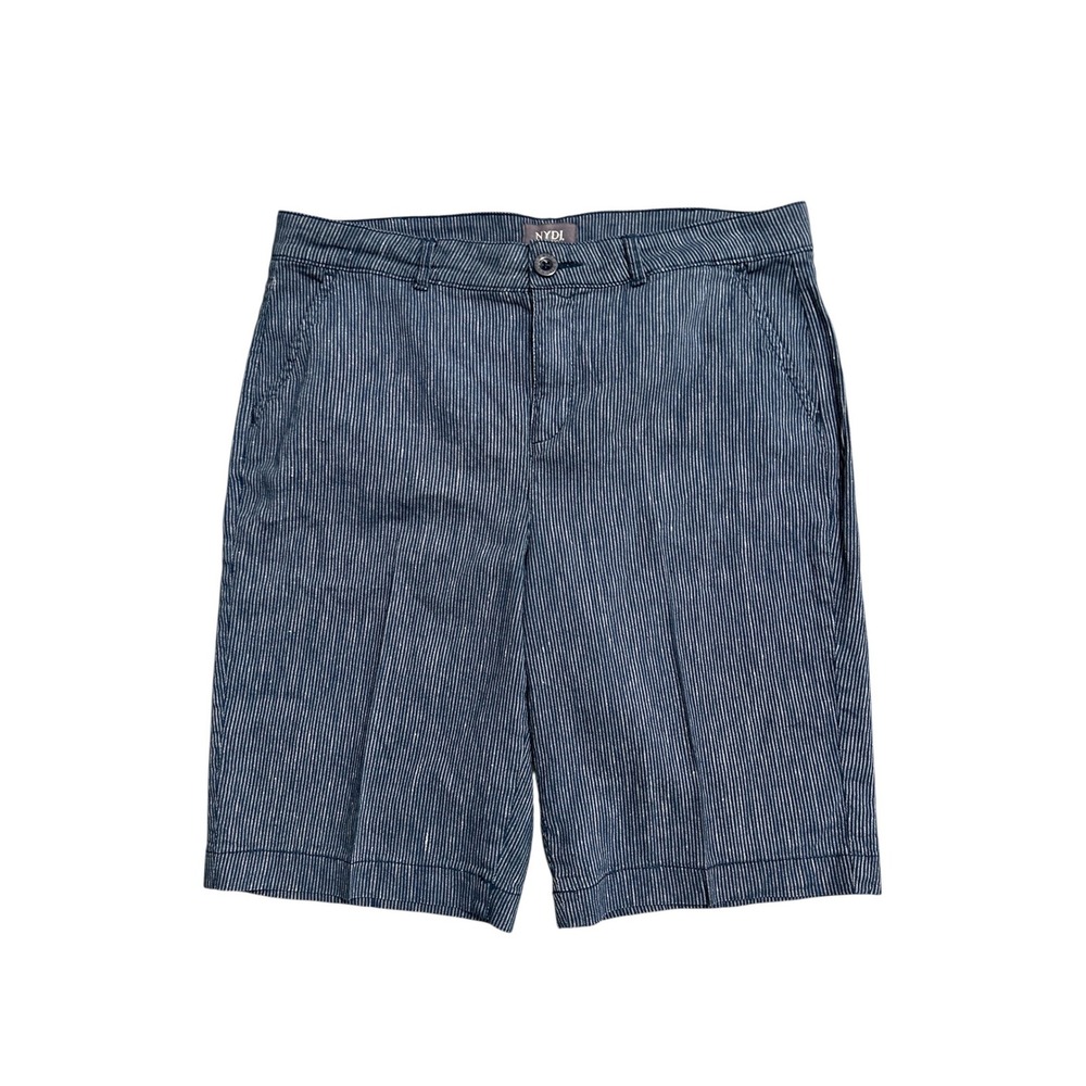 NYDJ Womens Bermuda Linen Blend Shorts Navy Blue Aguastripe Pinstripe Size 10